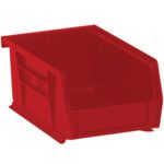 The MH-USA 7 3/8 x 4 1/8 x 3 Red Plastic Stack & Hang Bin Boxes, available in a case of 24, have an open front for easy access and reinforced sides and back for stable stacking, ideal for organizing small items.