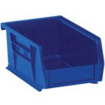 The MH-USA 9 1/4 x 6 x 5 Blue Plastic Stack & Hang Bin Boxes have an open front for easy access, a rectangular shape with a slanted top edge, and ribbed sides for stability. Sold in sets of 12 bins per case.