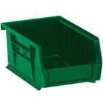 The MH-USA 9 1/4 x 6 x 5 Green Plastic Stack & Hang Bin Boxes come with an open front and sloped design, ideal for organizing small items or tools. Each case includes 12 bins, offering efficient storage solutions.