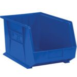 The MH-USA blue plastic stack & hang bin boxes, measuring 10 3/4 x 8 1/4 x 7, offer an open front and reinforced sides for efficient organizing. Sold in a case of six, they ensure neat storage for your items.