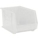 The MH-USA clear plastic stack & hang bin boxes, measuring 10 3/4 x 8 1/4 x 7, feature a semi-transparent rectangular design with an open front and reinforced edges. Available in light gray and sold as a set of six bins per case, these lightweight boxes are ideal for organizing small items.