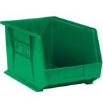 The MH-USA Green Plastic Stack & Hang Bin Boxes, measuring 10 3/4 x 8 1/4 x 7, have a wide front for easy access and higher sides and back for secure storage. Perfect for workspace, garage, or warehouse organization, each case contains six bins.