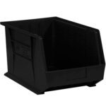 The MH-USA 10 3/4 x 8 1/4 x 7 Black Plastic Stack & Hang Bin Boxes, sold as six bins per case, feature an open front and slanted opening for seamless organization and easy access to small items with a durable design.