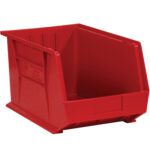 The MH-USA Red Plastic Stack & Hang Bin Boxes, measuring 10 3/4 x 8 1/4 x 7 inches and sold as six bins per case, have an open front for easy access plus solid sides and back with a label area.