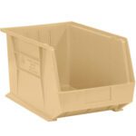 The MH-USA 10 3/4 x 8 1/4 x 7 Ivory Plastic Stack & Hang Bin Boxes (6 Bins/Case) offer a practical organization solution with a wide front opening, sturdy construction, and reinforced sides for stable storage.