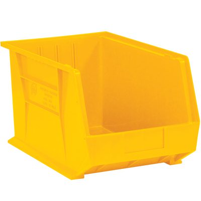 BINP1087Y.jpg The MH-USA 10 3/4 x 8 1/4 x 7 yellow plastic stack & hang bin boxes, with six bins per case, feature an open front and reinforced sides ideal for organizing items. The white background highlights their sturdy construction and functional design.