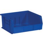 The MH-USA 10 7/8 x 11 x 5 blue plastic stack & hang bin boxes, featuring an open front and reinforced sides for easy access and organization of small items, come in a convenient set of six bins per case.