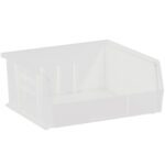 The image showcases the MH-USA 10 7/8 x 11 x 5 Clear Plastic Stack & Hang Bin Box, part of a set of six. Its transparent rectangular design features vertical ridges and a partially open front against a plain, light background.