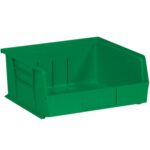 Part of the MH-USA 10 7/8 x 11 x 5 Green Plastic Stack & Hang Bin Boxes (6 Bins/Case), this green bin with an open front and ribbed sides is perfect for organizing, shown empty against a white background.