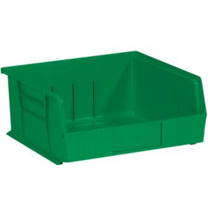 Part of the MH-USA 10 7/8 x 11 x 5 Green Plastic Stack & Hang Bin Boxes (6 Bins/Case), this green bin with an open front and ribbed sides is perfect for organizing, shown empty against a white background.