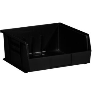 The MH-USA 10 7/8 x 11 x 5 Black Plastic Stack & Hang Bin Boxes, available in a case of six, feature an open front for easy access to small items and ensure organization with slightly angled sides and a flat base.