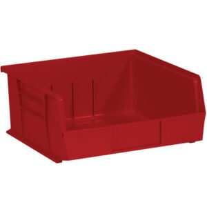 The MH-USA 10 7/8 x 11 x 5 Red Plastic Stack & Hang Bin Boxes have an open front for easy access, ribbed sides for strength, and come in a case of six, perfect for organizing tools or small items.