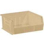 The MH-USA 10 7/8 x 11 x 5 Ivory Plastic Stack & Hang Bin Boxes feature an open front for easy access, reinforced sides, and a stackable design, perfect for organizing small items. Each case includes six bins.