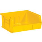 The MH-USA Yellow Plastic Stack & Hang Bin Boxes, measuring 10 7/8 x 11 x 5, have an open front for easy access. Each rectangular bin, sold in sets of six, has slight side ridges and a smooth surface, making them ideal for organizing small essentials.