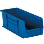 The MH-USA blue plastic bin set includes 12 stackable and hangable boxes, each featuring an open front and solid sides. With a size of 10 7/8 x 4 1/8 x 4 inches, these rectangular bins are perfect for organizing workspaces or storage areas, ensuring both sturdiness and functionality.
