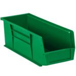 The MH-USA 10 7/8 x 4 1/8 x 4 Green Plastic Stack & Hang Bin Boxes feature an open front for easy small item access and have smooth edges with a flat base, ideal for stacking or shelving. They come in a case of 12 bins.