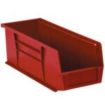 The MH-USA 10 7/8 x 4 1/8 x 4 red plastic stack & hang bin boxes come in a set of 12, featuring an open front for easy access and solid sides and back for stability, making them perfect for efficient storage.