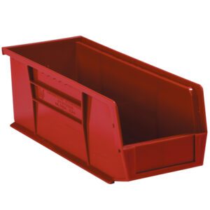 The MH-USA 10 7/8 x 4 1/8 x 4 red plastic stack & hang bin boxes come in a set of 12, featuring an open front for easy access and solid sides and back for stability, making them perfect for efficient storage.