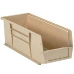 The MH-USA 10 7/8 x 4 1/8 x 4 ivory plastic stack & hang bin boxes feature an open front and reinforced sides for durability. Their stackable design offers a spacious interior, ideal for organizing items, and they come in a case of 12 bins.