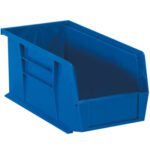 A MH-USA 10 7/8 x 5 1/2 x 5 blue plastic Stack & Hang Bin Box with open top and right-sloped front, part of a set of twelve bins per case, is displayed on a plain background.