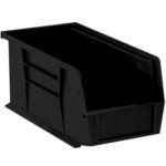 The MH-USA Black Plastic Stack & Hang Bin Boxes, sized 10 7/8 x 5 1/2 x 5, have an open front and side grooves for easy stacking. Ideal for organizing small items, they come as a case of 12 bins.