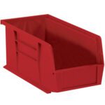 The MH-USA 10 7/8 x 5 1/2 x 5 red plastic stack & hang bin boxes, sold in cases of 12, are ideal for organizing small items at home, office, or workshop. They feature an open front and reinforced sides for versatile use.