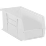 The MH-USA 14 3/4 x 8 1/4 x 7 Clear Plastic Stack & Hang Bin Boxes feature open fronts and reinforced sides. Sold in cases of 12, these slightly translucent, rectangular bins are perfect for efficiently organizing your space.