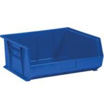 The MH-USA blue plastic bin box (14 3/4 x 16 1/2 x 7) features angled sides and an open front for easy access. Its smooth surface and reinforced edges ensure stacking stability, making it ideal for storage. Available in cases of six bins.