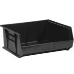 The MH-USA 14 3/4 x 16 1/2 x 7 black plastic stack & hang bin boxes, open-front with solid base and slightly angled sides, offer easy access. Raised ridges ensure secure stacking or combining with similar bins, making them sturdy and practical for organized storage. Comes in cases of six.
