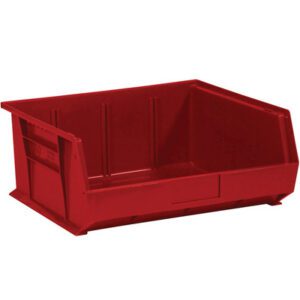 The MH-USA Red Plastic Stack & Hang Bin Boxes (14 3/4 x 16 1/2 x 7) provide a sturdy organization solution with a wide front opening and solid sides, ensuring durability. These bins are both stackable and practical, sold in cases of six.