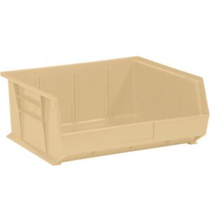 The MH-USA Ivory Plastic Stack & Hang Bins (14 3/4 x 16 1/2 x 7), sold in cases of six, boast open-front design, reinforced sides, and label holder, making them ideal for organizing tools in any workshop or garage.