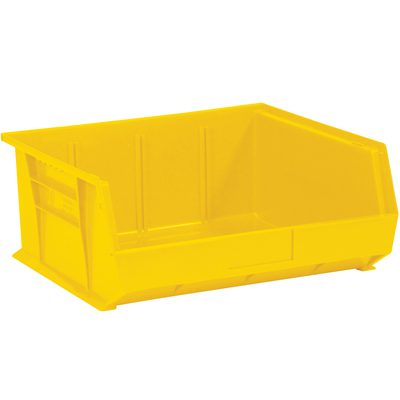 BINP1516Y.jpg The MH-USA 14 3/4 x 16 1/2 x 7 Yellow Plastic Stack & Hang Bin Boxes, sold six per case, feature an open front for easy access with slightly sloped sides and a reinforced structure for efficient stacking and hanging.