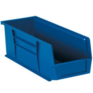 The MH-USA Blue Plastic Bin Boxes (14 3/4 x 5 1/2 x 5, case of 12) feature an open top, slanted front for easy access, reinforced sides, and a label slot—ideal for efficient space organization.