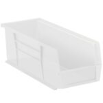 The MH-USA 14 3/4 x 5 1/2 x 5 Clear Plastic Stack & Hang Bin Boxes have an open top, slanted front, and vertical grooves for easy stacking. They are perfect for organizing and come in a case of 12 bins.