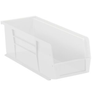 The MH-USA 14 3/4 x 5 1/2 x 5 Clear Plastic Stack & Hang Bin Boxes have an open top, slanted front, and vertical grooves for easy stacking. They are perfect for organizing and come in a case of 12 bins.