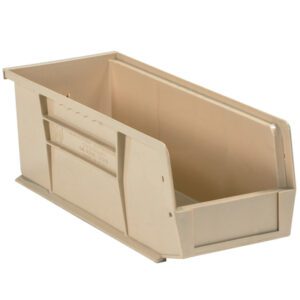The MH-USA 14 3/4 x 5 1/2 x 5 Ivory Plastic Stack & Hang Bin Boxes, available in cases of twelve, have a sleek rectangular design ideal for organizing. They feature an open top and angled front for easy access to stored items.