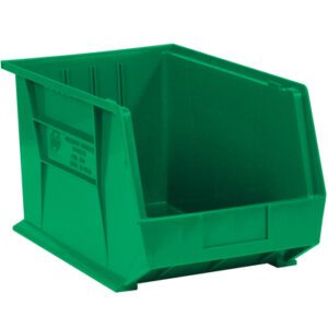 The MH-USA 16 x 11 x 8 Green Plastic Stack & Hang Bin Boxes, available as a case of four, feature an open front and side label slot, ideal for organizing or storing various items.