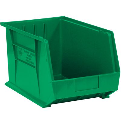 BINP1611G.jpg The MH-USA 16 x 11 x 8 Green Plastic Stack & Hang Bin Boxes, available as a case of four, feature an open front and side label slot, ideal for organizing or storing various items.