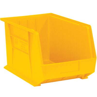 BINP1611Y.jpg The MH-USA 16 x 11 x 8 Yellow Plastic Stack & Hang Bin Boxes (4 Bins/Case) offer versatile storage with an open front, solid sides, and an angled top edge. Their vivid yellow color enhances organization by adding a pop of brightness to a white background.
