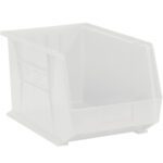 The MH-USA 18 x 11 x 10 Clear Plastic Stack & Hang Bin Boxes (4 Bins/Case) feature a transparent, rectangular design with an open front and raised sides. Slightly tapered with ribbed surfaces for stability, they are ideal for organizing small items.