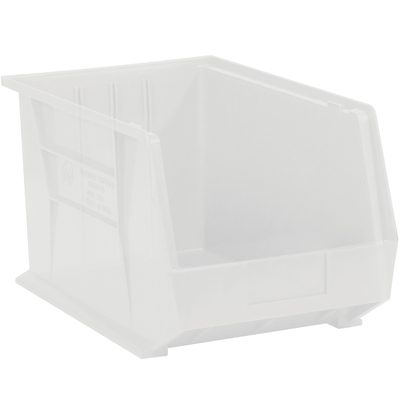 BINP1811CL.jpg The MH-USA 18 x 11 x 10 Clear Plastic Stack & Hang Bin Boxes (4 Bins/Case) feature a transparent, rectangular design with an open front and raised sides. Slightly tapered with ribbed surfaces for stability, they are ideal for organizing small items.