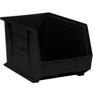 The MH-USA 18 x 11 x 10 Black Plastic Stack & Hang Bin Boxes come with reinforced sides and an open-front, angled design, ideal for organizing tools or small items in a workshop or storage space. Four bins are included per case.