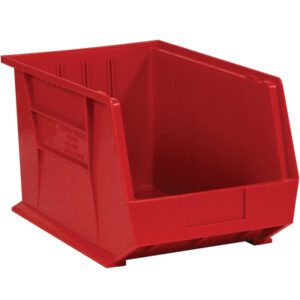 The MH-USA 18 x 11 x 10 Red Plastic Stack & Hang Bin Boxes (4 Bins/Case) have an open front for easy access, ridged sides for stability, and are ideal for organizing tools, parts, or small items.