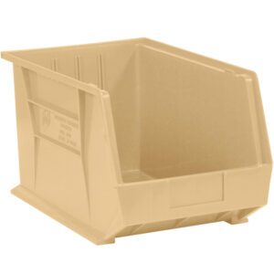 The MH-USA 18 x 11 x 10 Ivory Plastic Stack & Hang Bin Boxes, featuring an open front for easy access and angled sides with ridges for stacking or supporting additional bins, are sold as 4 bins per case and are perfect for efficient space organization.