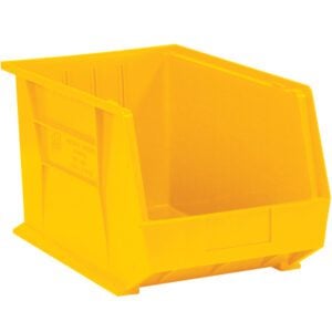 The MH-USA 18 x 11 x 10 Yellow Plastic Stack & Hang Bin Boxes, sold in a set of four, feature an open front for easy access and ribbed sides for durability, ideal for organizing against a plain white backdrop.