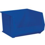 The MH-USA 18 x 16.5 x 11 Blue Plastic Stack & Hang Bin Boxes feature an open front for easy access, solid construction, and side grooves for effortless stacking or securing. Each case includes three bins, offering a practical storage solution.