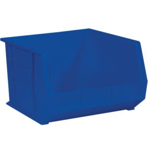 The MH-USA 18 x 16.5 x 11 Blue Plastic Stack & Hang Bin Boxes feature an open front for easy access, solid construction, and side grooves for effortless stacking or securing. Each case includes three bins, offering a practical storage solution.