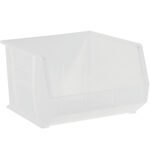 The MH-USA 18 x 16 1/2 x 11 Clear Plastic Stack & Hang Bin Boxes (3 Bins/Case) are stackable with a transparent design, open front, and angled panel for easy access.