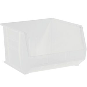 The MH-USA 18 x 16 1/2 x 11 Clear Plastic Stack & Hang Bin Boxes (3 Bins/Case) are stackable with a transparent design, open front, and angled panel for easy access.