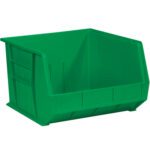 The MH-USA 18 x 16 1/2 x 11 Green Plastic Stack & Hang Bin Boxes are ideal for organizing workshops or warehouses. Each bin has a rectangular shape, open front, reinforced sides, and a slightly sloped access point. Sold as a set of three bins per case.